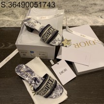 [QR 5009] 디올 Christian Dior 자수 Toile de Jouy 통굽 슬리퍼 5cm 네이비