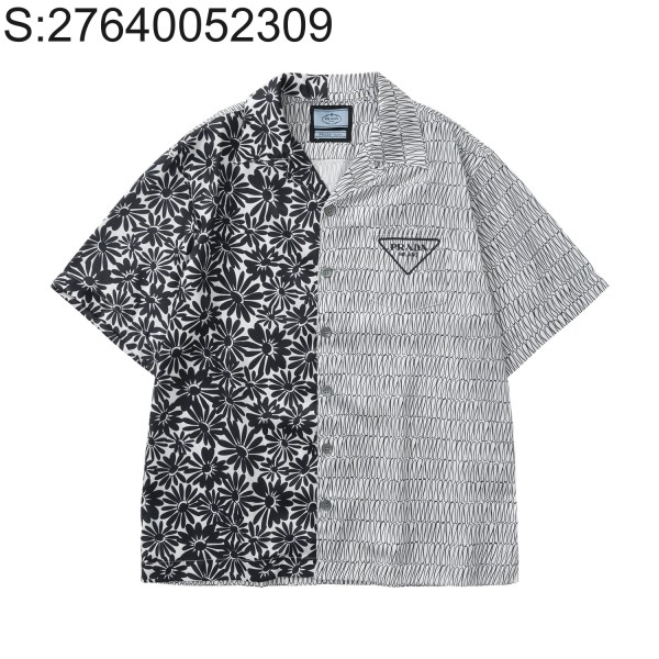 [흰] 프라다 국화 패턴 이음 배색 반팔 셔츠