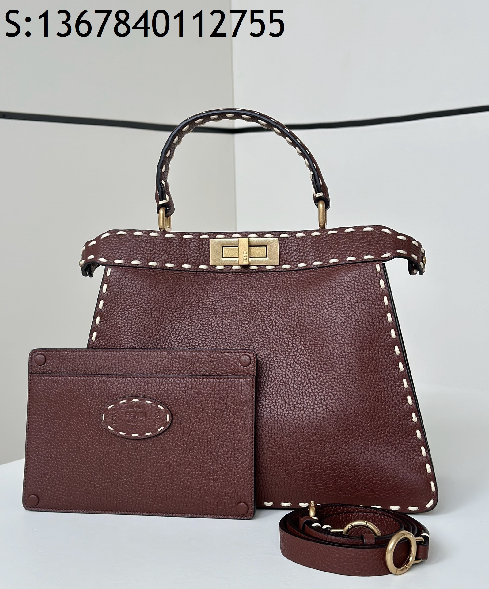 [니콜] 펜디 피카부 레더 스티치 핸들백 미듐 와인 33*12*25cm Fendi