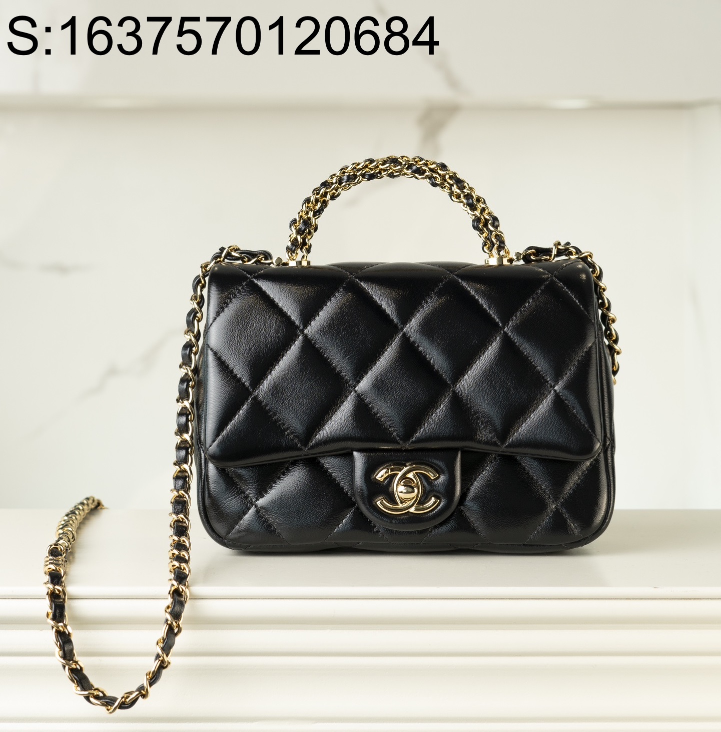 [JD]  샤넬 핸들 장식의 스몰 플랩백 샤이니 램스킨 골드 메탈 블랙 24B 19*14*8.5cm 