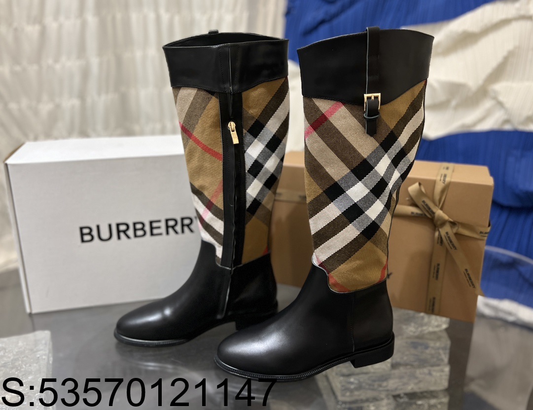 [152] 버버리 체크 이음 레더 슬림 롱부츠 블랙 burberry