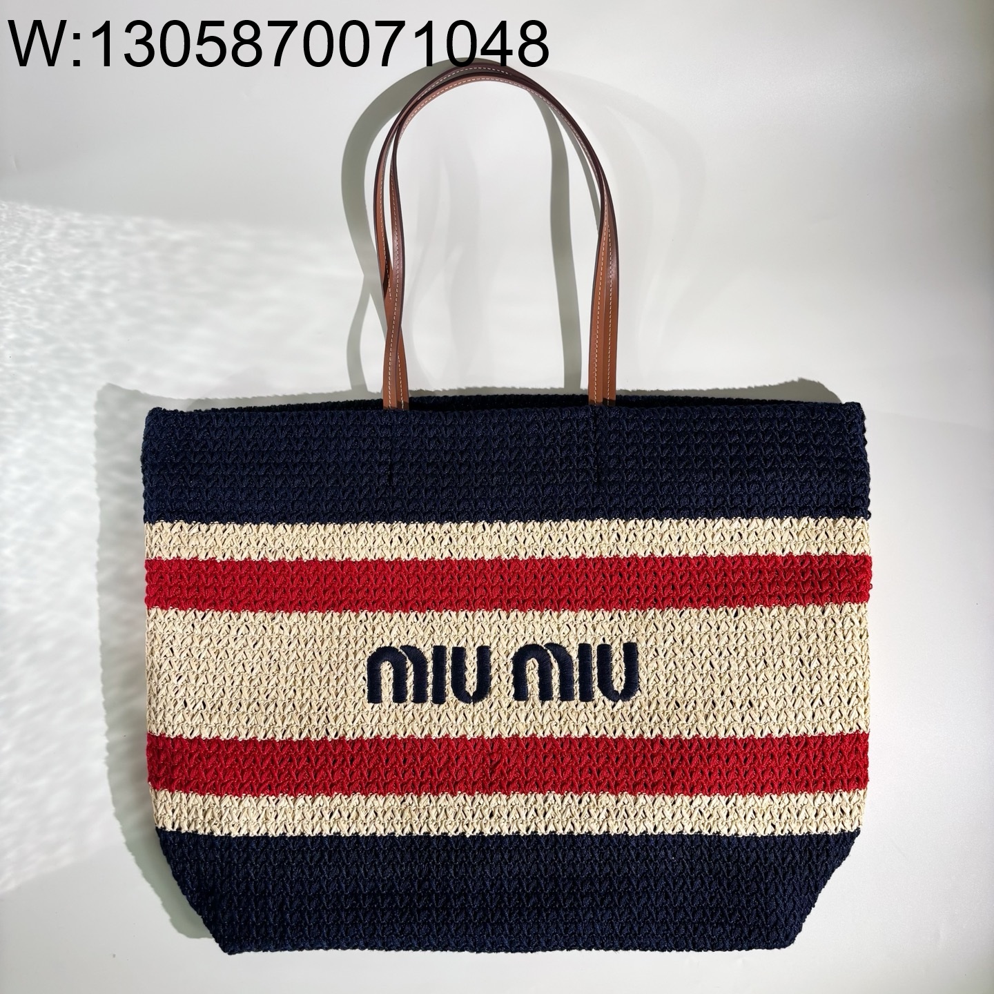 [JHL] 미우미우 라피아 이펙트 우븐 토트백 내츄럴 블루 5BG228 40*34*16cm