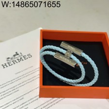 AGG 에르메스 남자 브레이슬릿 퍼즐 가죽 끈 매듭 팔찌 스카이 블루 실버