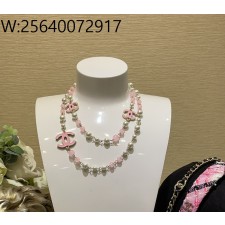 AGG 샤넬 핑크 CC로고 롱 배색 진주 목걸이 핑크 화이트