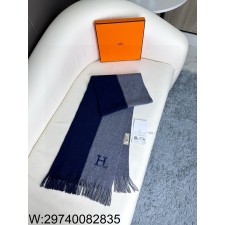 AGG 에르메스 모노그램 H 자수 캐시미어 배색 스카프 30*180cm 네이비