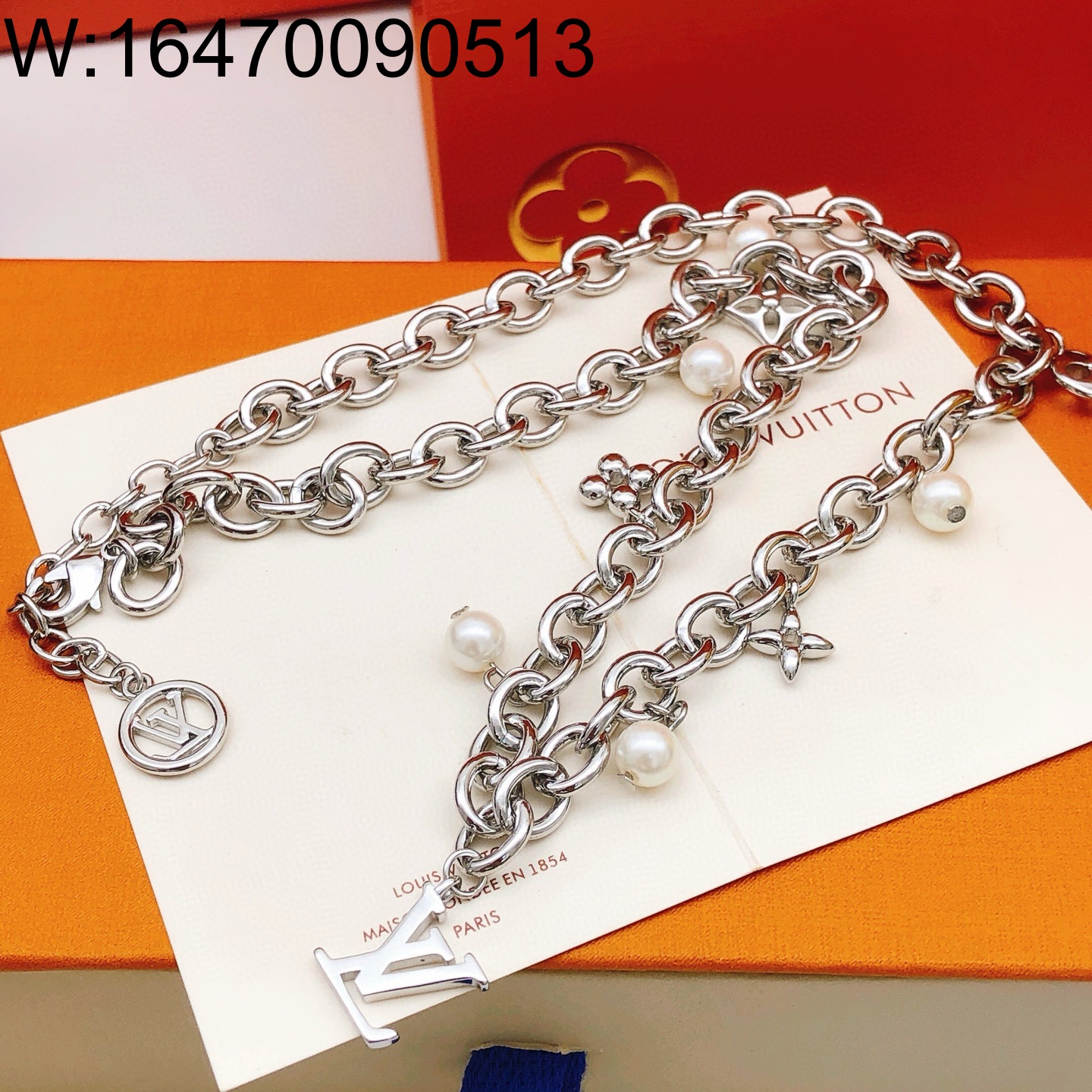 AGG 루이비통 LV 진주 펜던트 체인 목걸이 실버