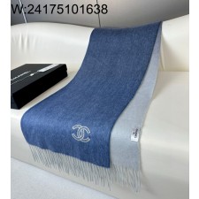 AGG 샤넬 CC로고 자수 캐시미어 양색 스카프 블루 210*36cm 