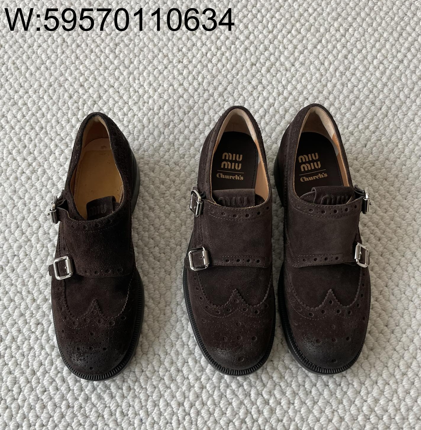 [LP공장] 미우미우 처치스 스웨이드 몽크 스트랩 브로그 다크 브라운 5E039E