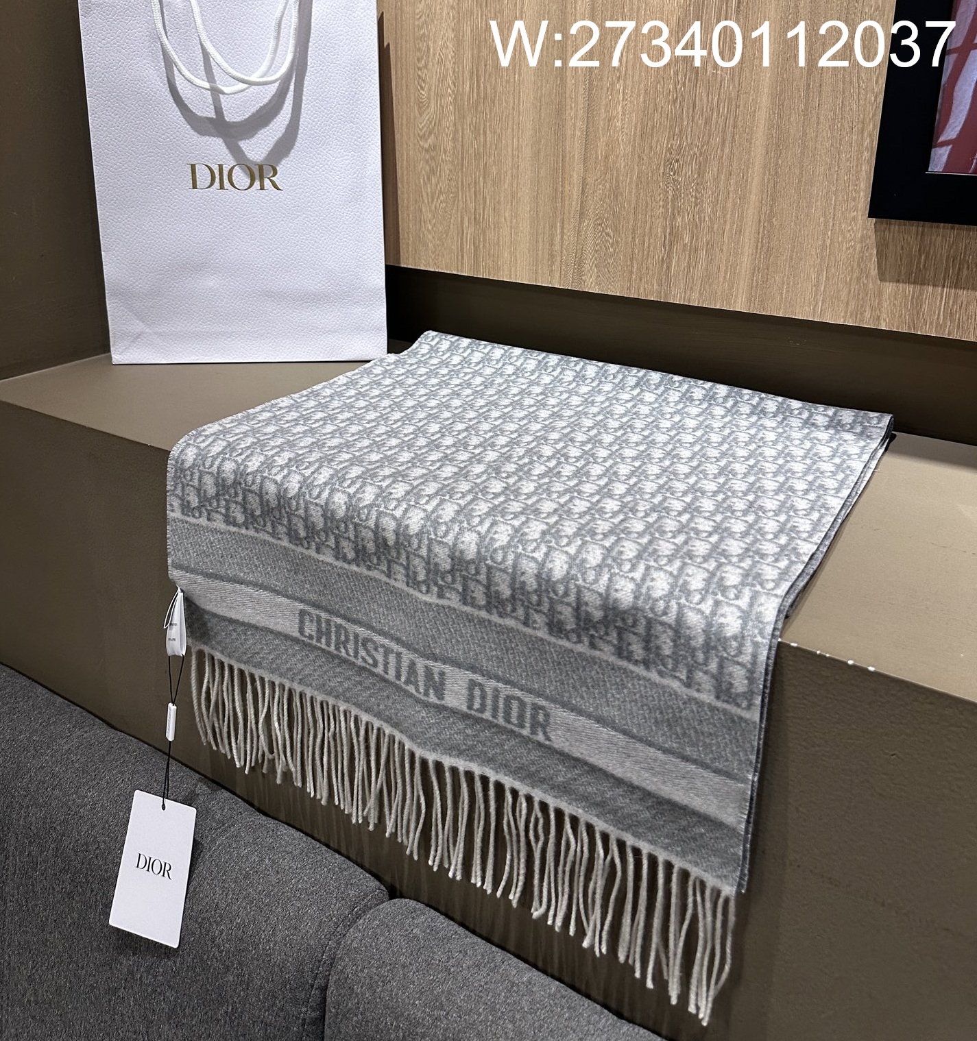 AGG 디올 오블리크 캐시미어 혼방 태슬 스카프 그레이 45*180cm