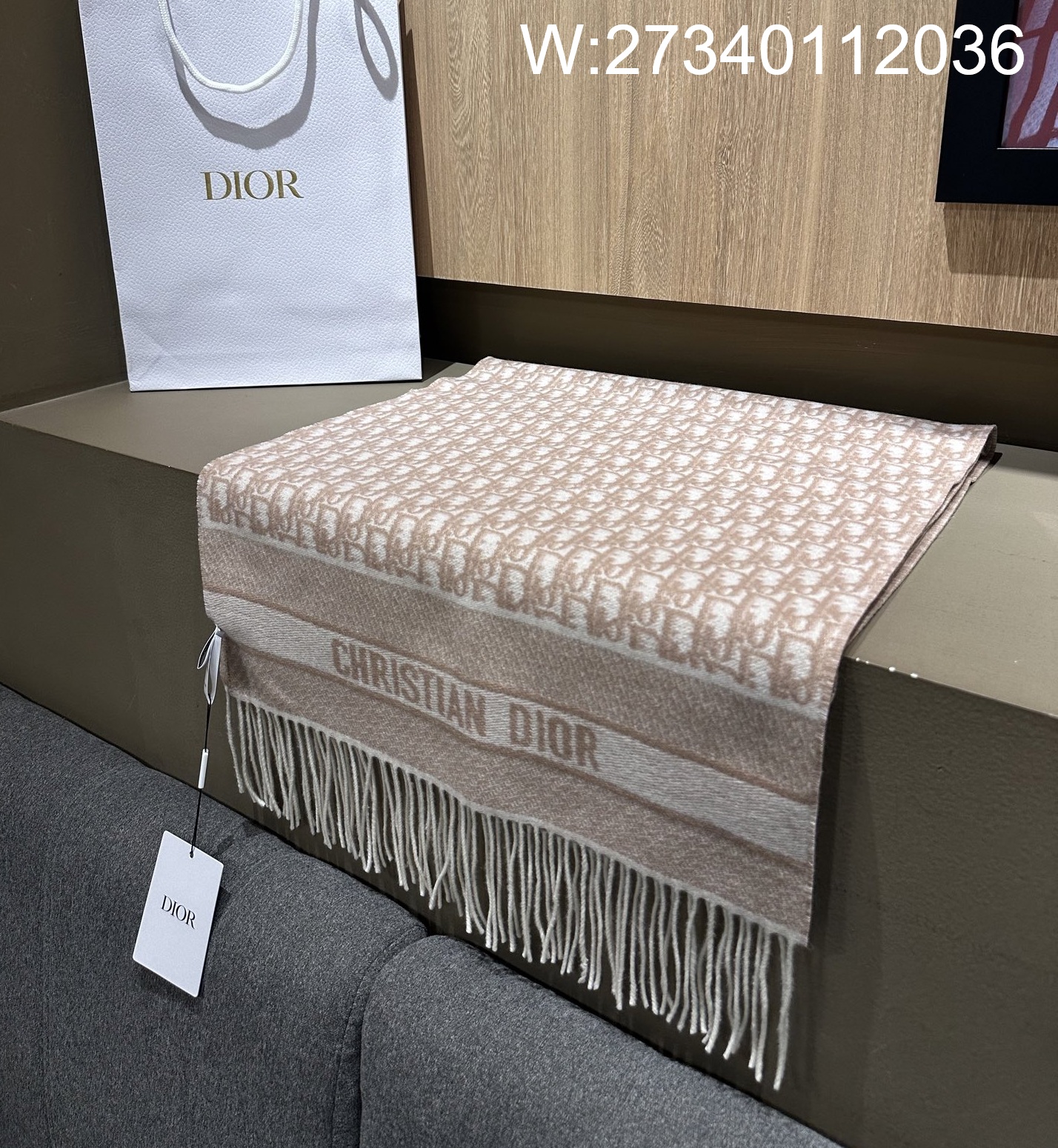 AGG 디올 오블리크 캐시미어 혼방 태슬 스카프 누드 45*180cm