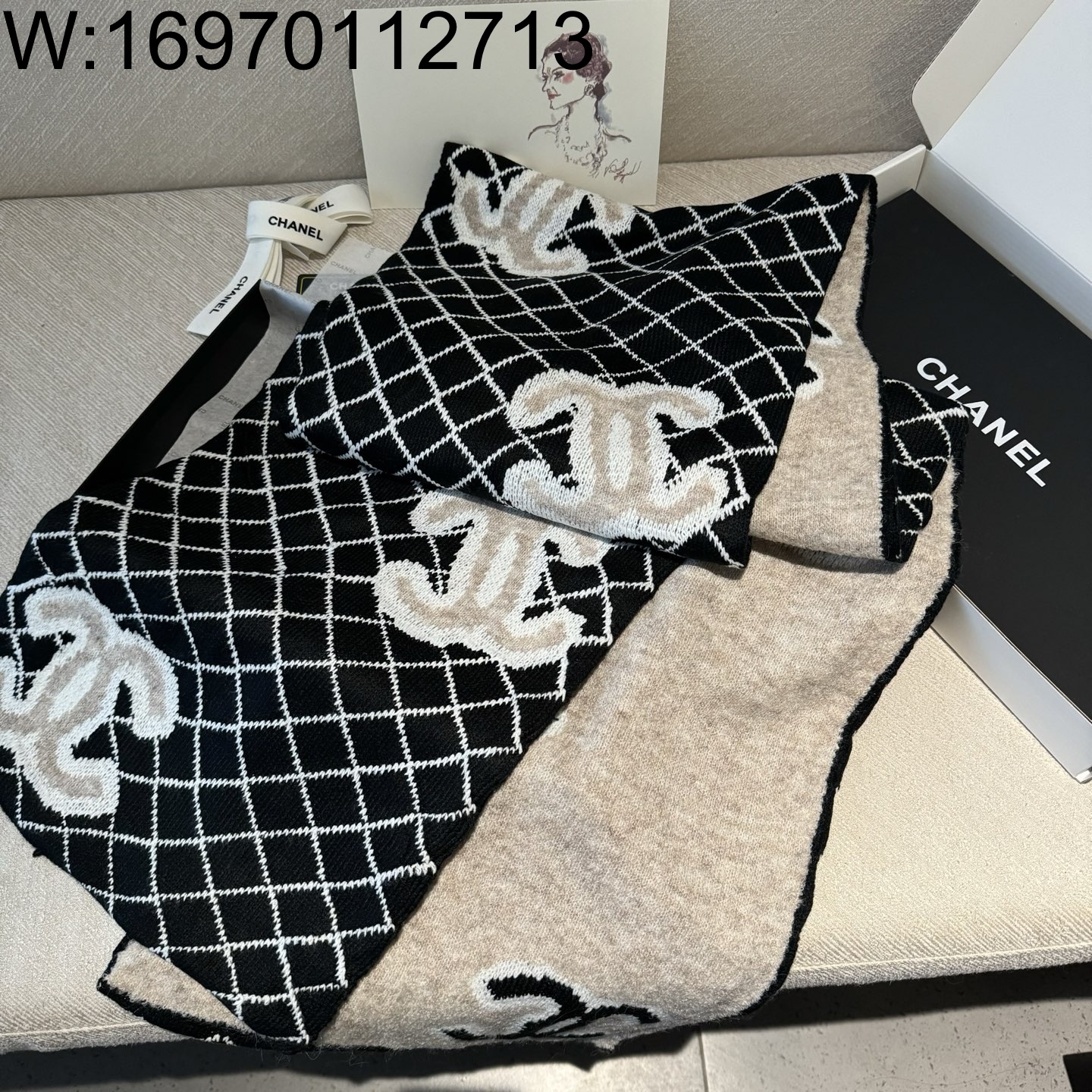 AGG 샤넬 점보 CC로고 체크 스카프 블랙 30*185cm