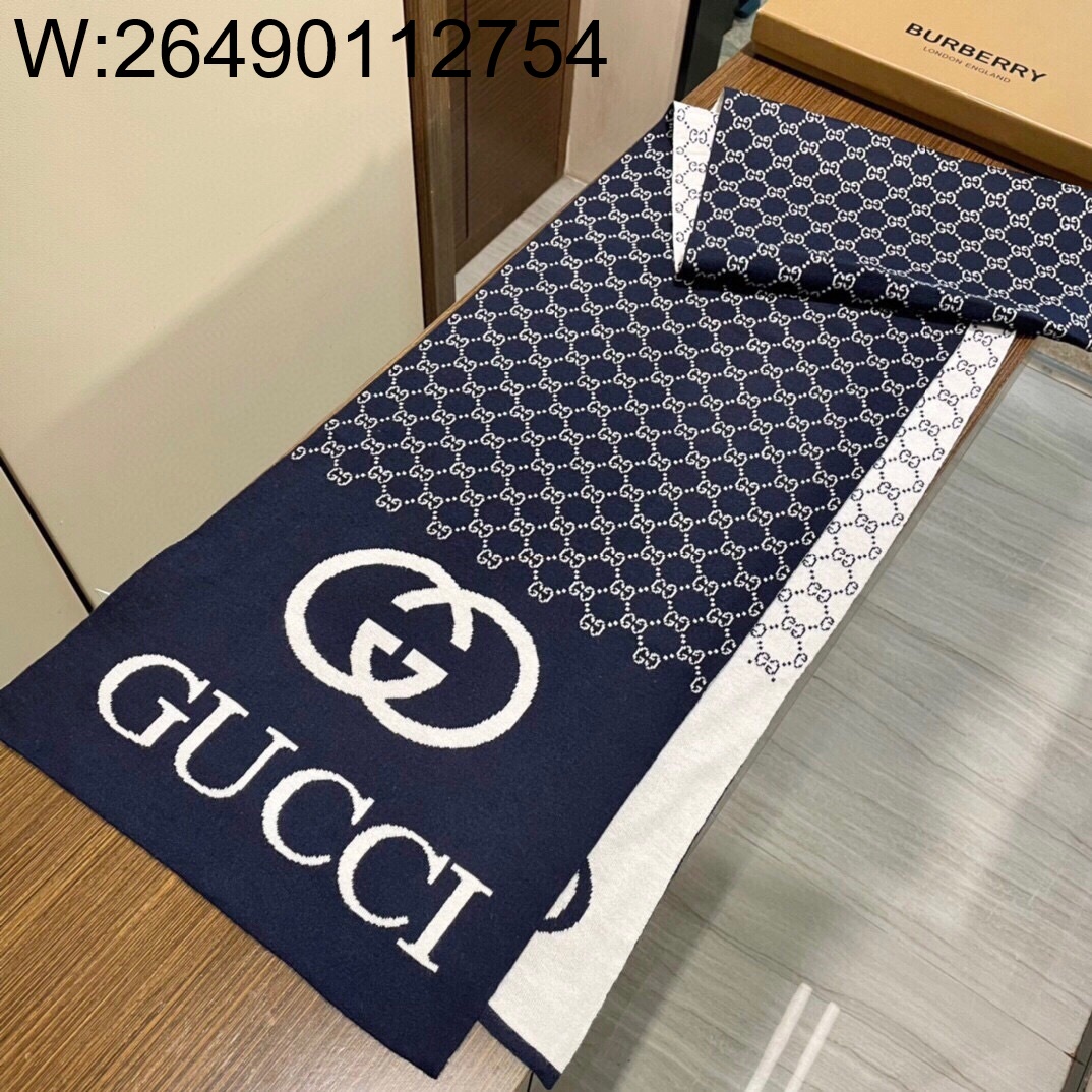 AGG 구찌 GG로고 모노그램 캐시미어 스카프 네이비 32*200cm