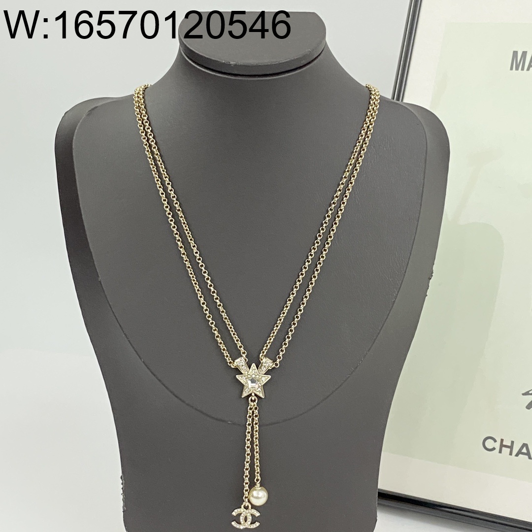 AGG 샤넬 별 이중 체인 태슬 목걸이 골드