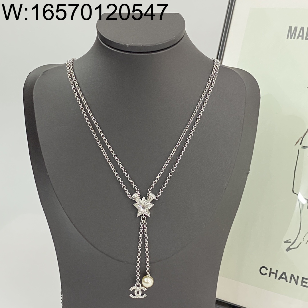 AGG 샤넬 별 이중 체인 태슬 목걸이 실버