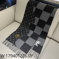 AGG 루이비통 니고 모노그램 다미에 이음 스카프 그레이 캐시미어 100%