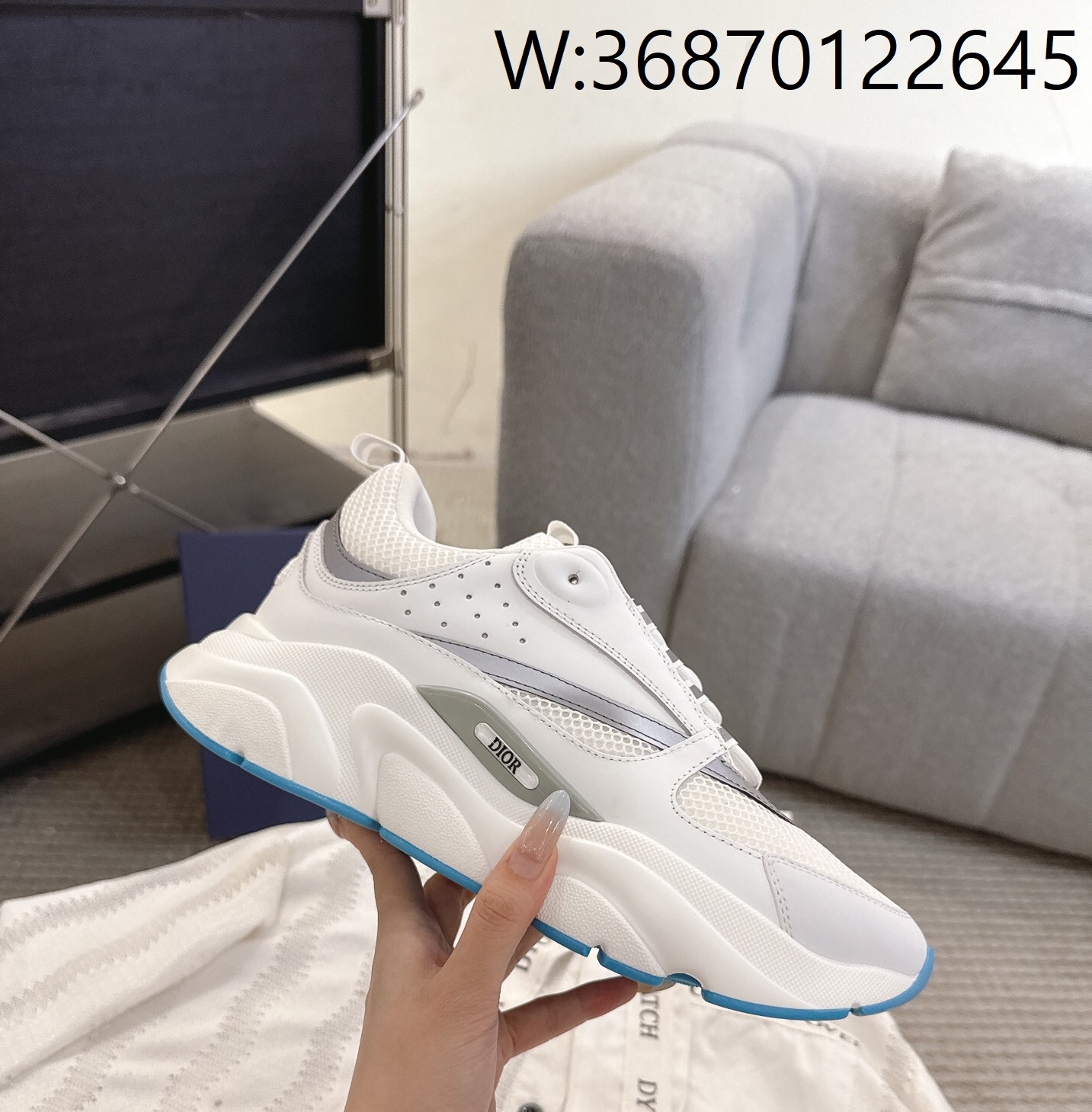 [327] 디올 B22 스니커즈 화이트 스카이 블루 카프스킨 남성용 4cm