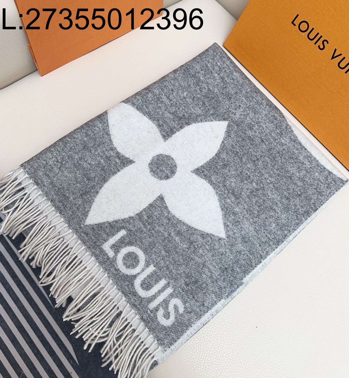 AGG 루이비통 점보 LV 플라워 캐시미어 태슬 스카프 그레이 70*200cm