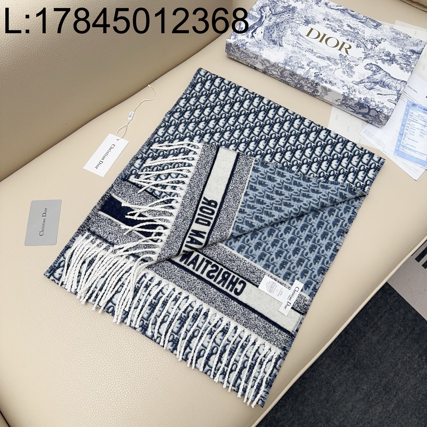 AGG 디올 오블리크 자카드 캐시미어 스카프 블루 45*200cm