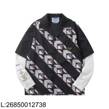 [흰] 프라다 타임캡슐 프린티드 코튼 셔츠 블랙 스틸 페이크 레이어링 긴팔 셔츠