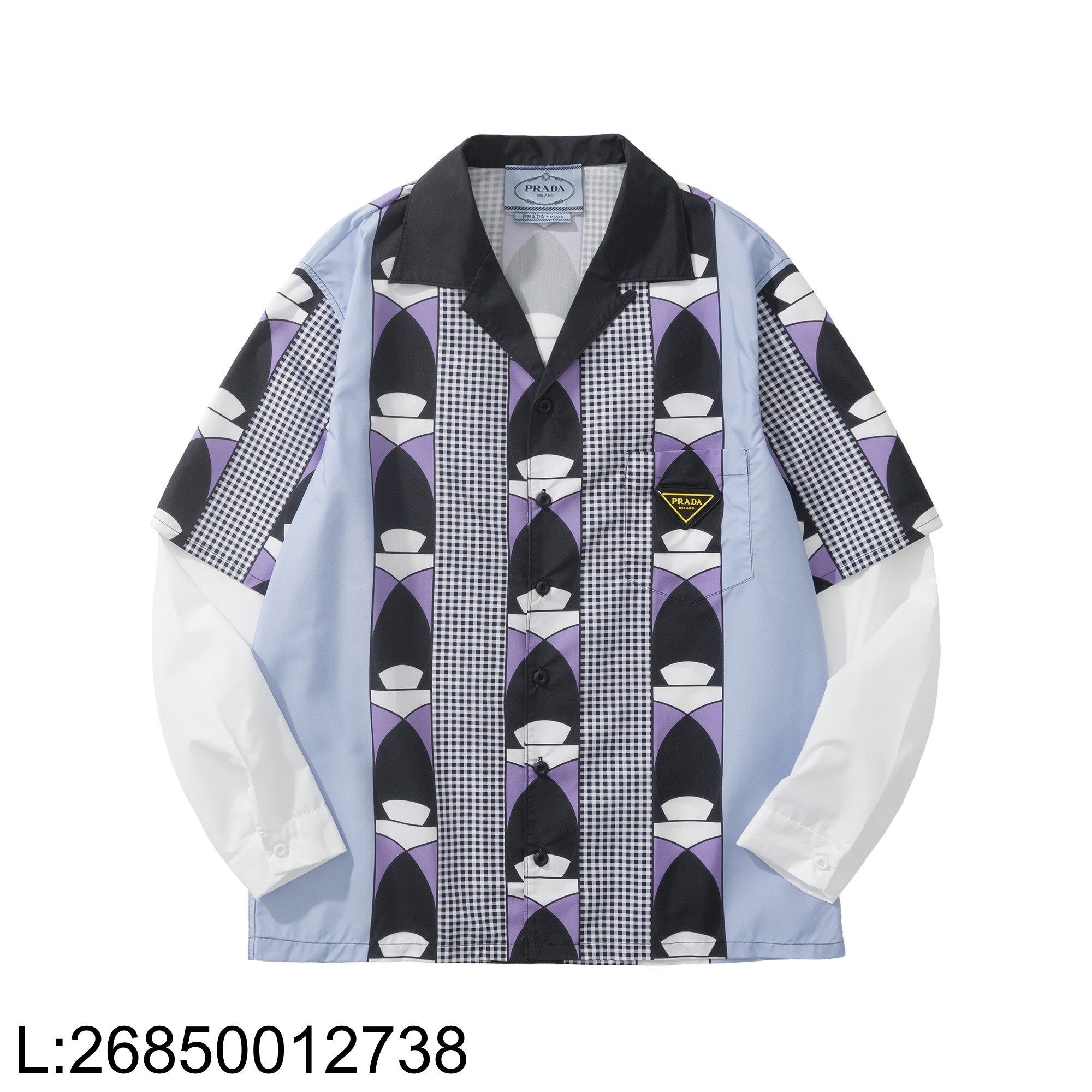 [흰] 프라다 타임캡슐 프린티드 코튼 셔츠 라이트 블루 시클라멘 페이크 레이어링 긴팔 셔츠