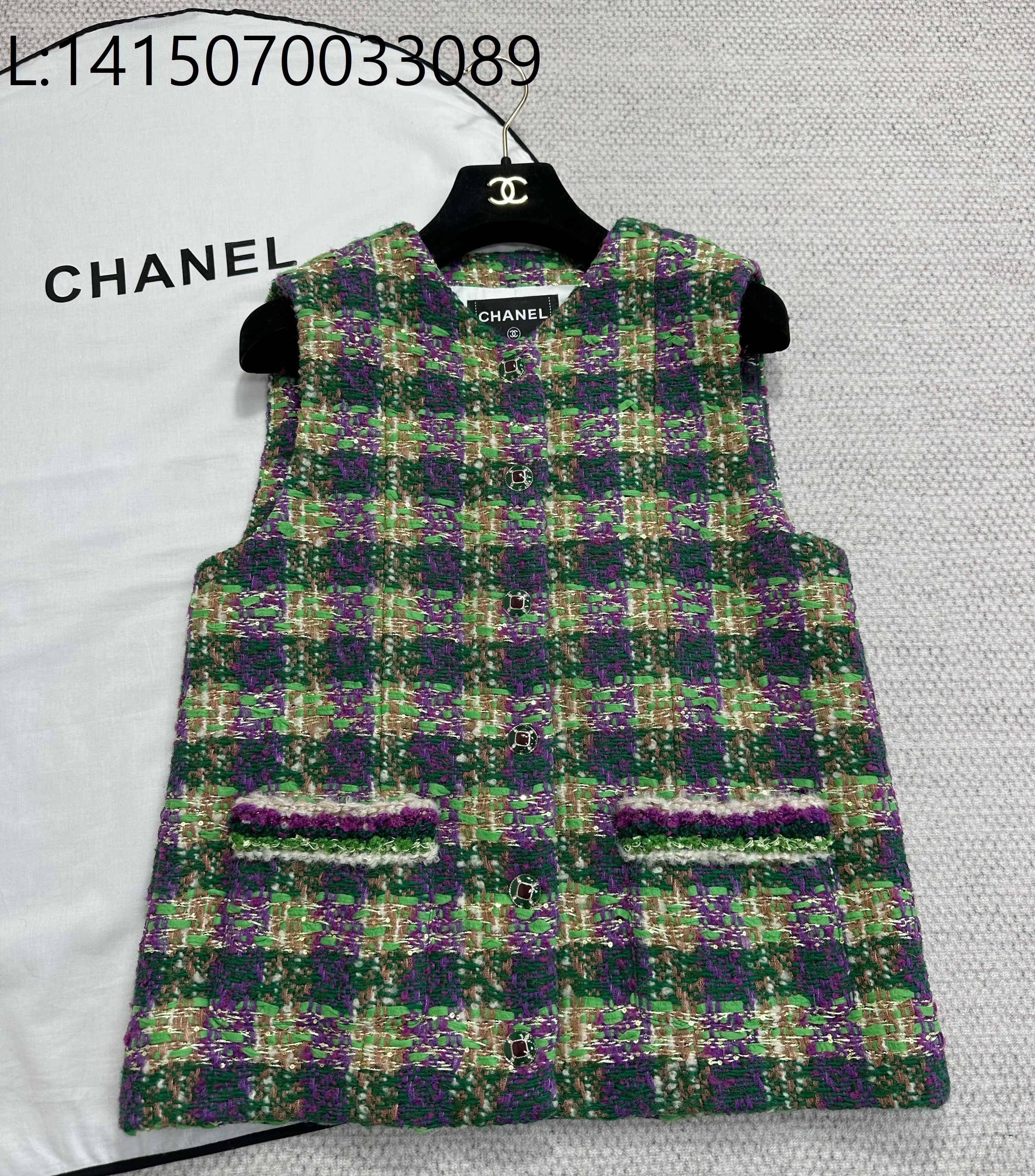 [타지아공장(tj공장) -여성전용] 샤넬 배색 체크 트위드 조끼 베스트 그린