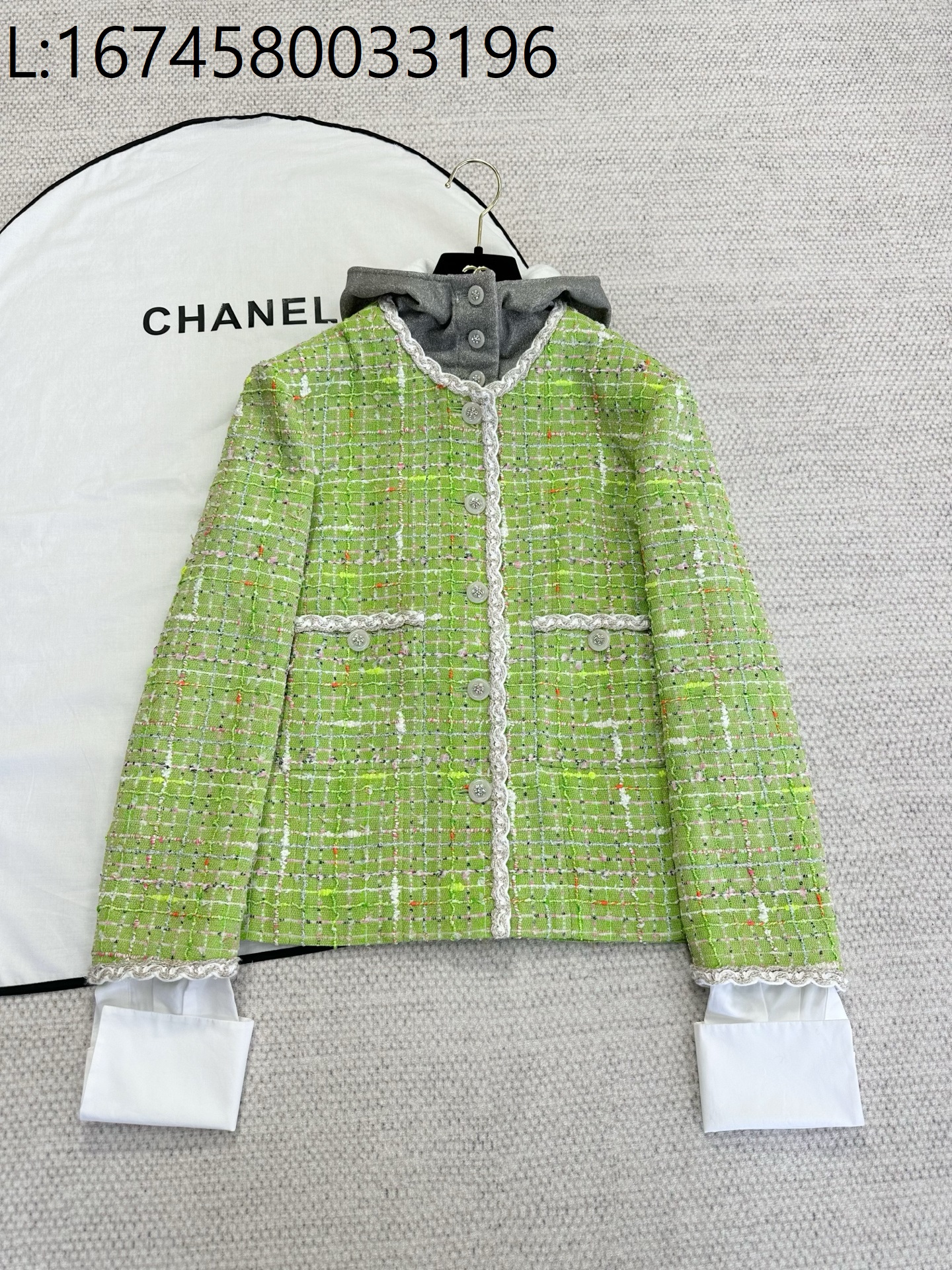 [타지아공장(tj공장) -여성전용] 샤넬 트위드 페이크 레이어링 그린 자켓 탈부작 후드