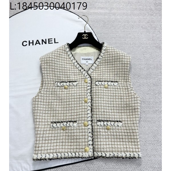 [타지아공장(tj공장) -여성전용] 샤넬 골드 단추 체크 자켓 조끼 라이트 베이지