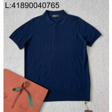 [LC공장] 로로피아나 울 순색 반지퍼 폴로 카라티 반팔티 네이비