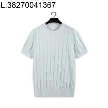 [YD공장] 로로피아나 스트라이프 자카드 니트 반팔티 혼방 코튼 아마 라이트 스카이 블루