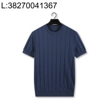 [YD공장] 로로피아나 스트라이프 자카드 니트 반팔티 혼방 코튼 아마 네이비