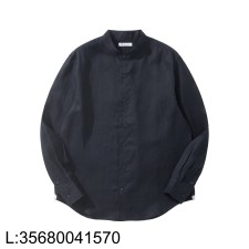 [흰] 로로피아나 엘리아 베이직 순색 아마 노칼라 긴팔 셔츠 네이비 블랙