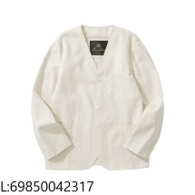 [흰] 로로피아나 Eduard 베이직 아마 노칼라 자켓 아이보리