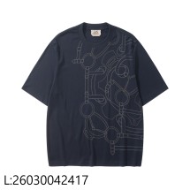 [흰] 에르메스 코튼 패턴 자수 반팔티 네이비