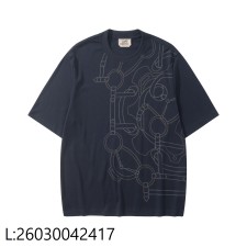 [흰] 에르메스 코튼 패턴 자수 반팔티 네이비